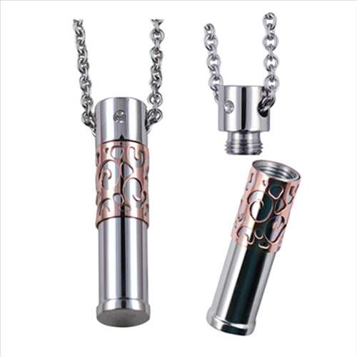 Stainless Steel Pink Ion Plated Crystal Set Memorial Tube Pendant