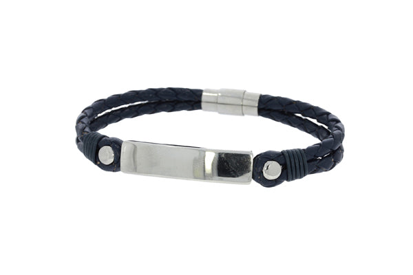 Plaited Black Leather Double Strand Bracelet With Matt Finish Stainless Steel Id Plate And Clasp