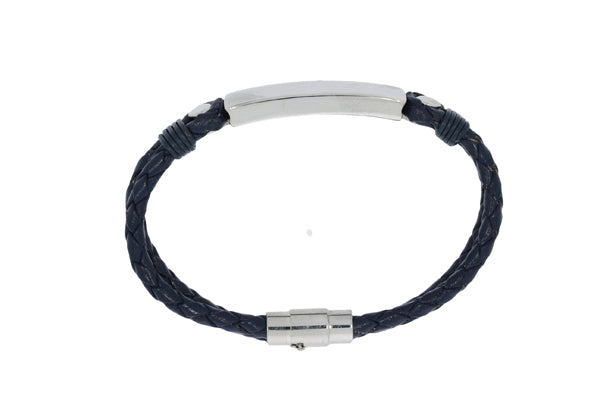 Plaited Black Leather Double Strand Bracelet With Matt Finish Stainless Steel Id Plate And Clasp
