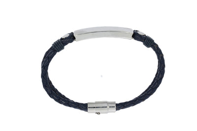 Plaited Black Leather Double Strand Bracelet With Matt Finish Stainless Steel Id Plate And Clasp