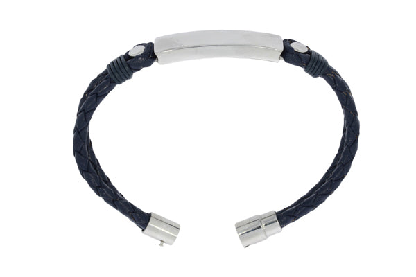 Plaited Black Leather Double Strand Bracelet With Matt Finish Stainless Steel Id Plate And Clasp