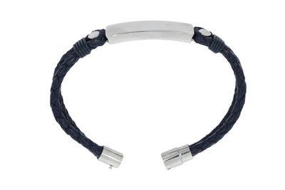 Plaited Black Leather Double Strand Bracelet With Matt Finish Stainless Steel Id Plate And Clasp