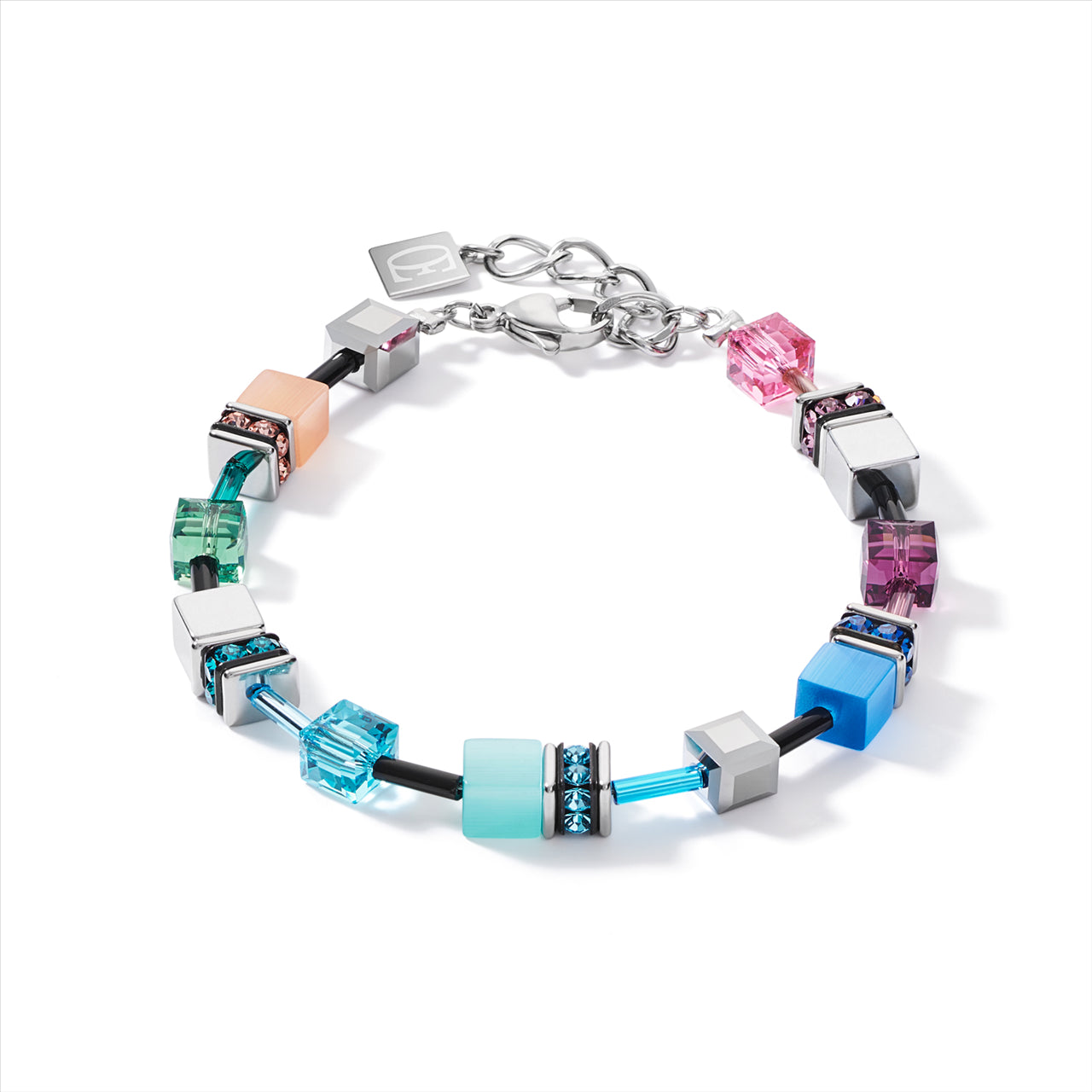 Coeur De Lion Bracelet Stainless Steel Multi Coloured Geo-Cube With Rhinestone Rondelles/ Synthetic Tigers Eye/Titanium Oxide Hematite & Swarovski Crystals