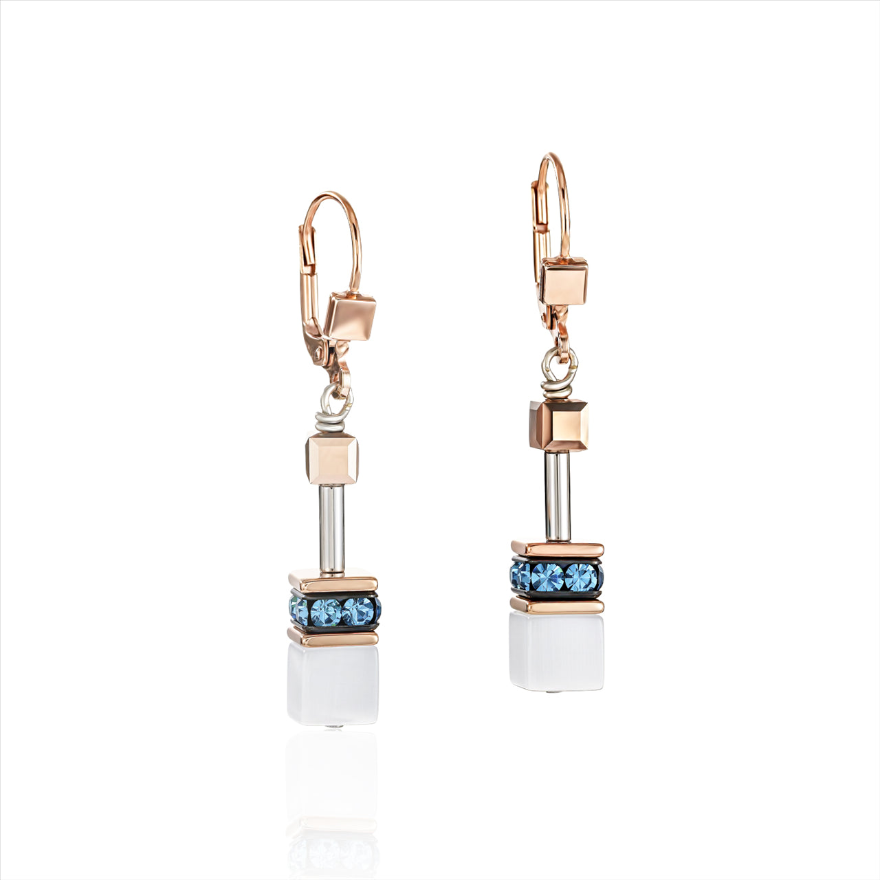 Coeur De Lion Earrings Stainless Steel Rose Gold Plated, White/Blue Geo-Cube With Rhinestone/Glass/Synthetic Tigers Eye & Swarovski Crystal With Stainless Steel Fittings