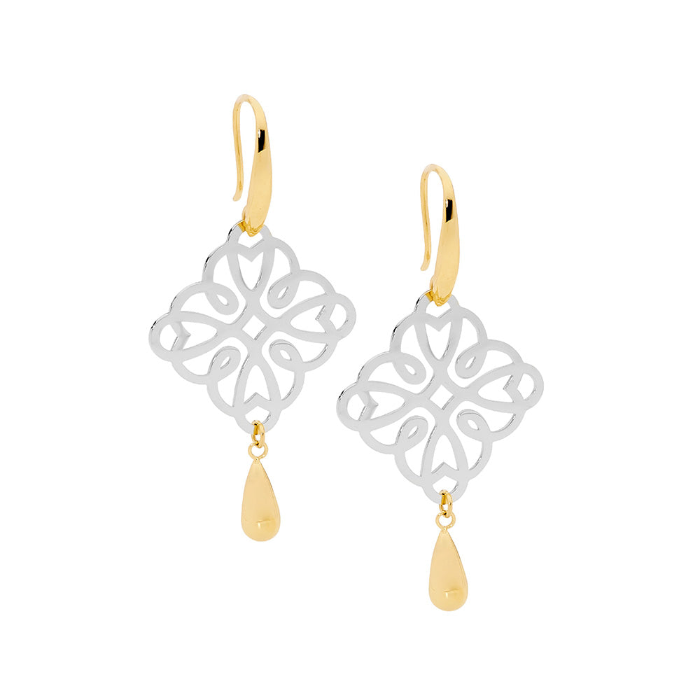 Stainless Steel Gold Plated Square Filigree AndTeardrop Earrings