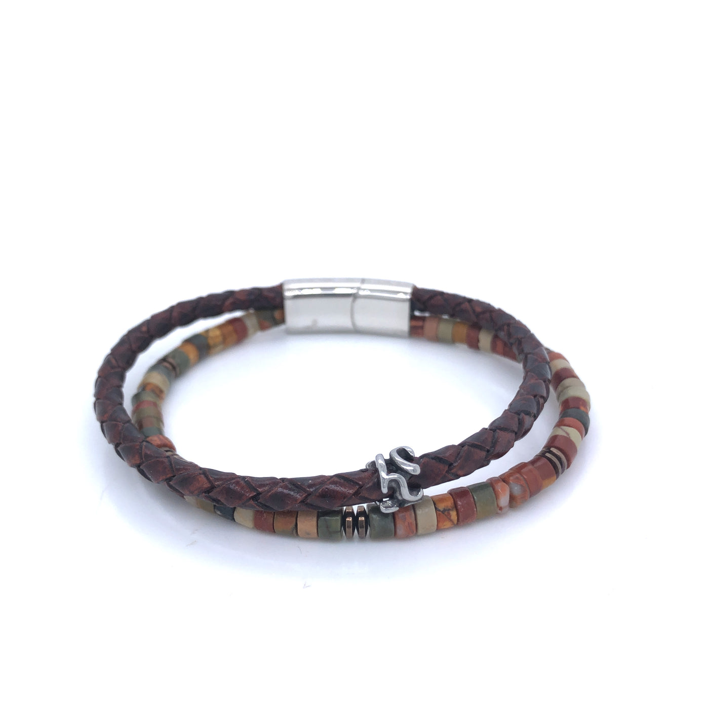 Double Strand Brown Leather Braided Bracelet Featuring Earthy Toned Agate Beads