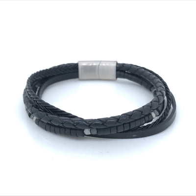 Multi Strand Black Leather Braided Bracelet Featuring Onyx Beads With A Stainless Steel Clasp Size 21Cms