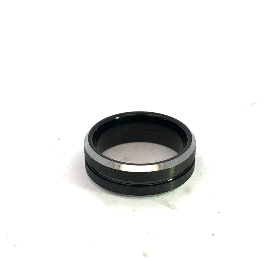 Tungsten Carbide Black Ion Plated Polished Silver Outer Edges With Black Indented Centre Line Ring Size 10 Width 8Mm