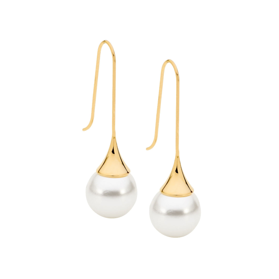 Stainless Steel Gold IP Plated Shell Pearl Drop Earrings