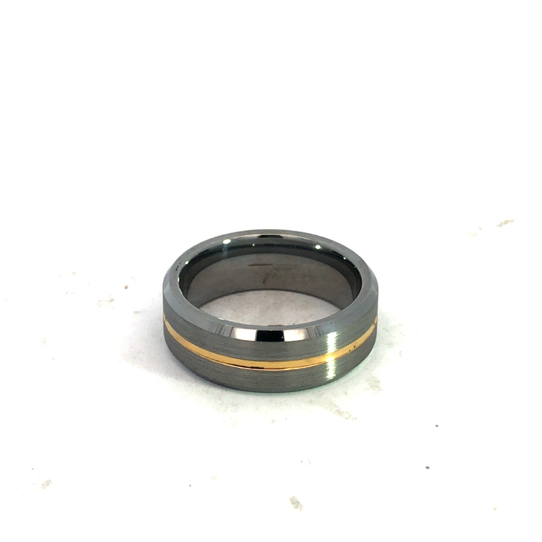 Tungsten Carbide Polished Silver Outer Edges With Matt Finish And Gold Centre Line Ring Size 10