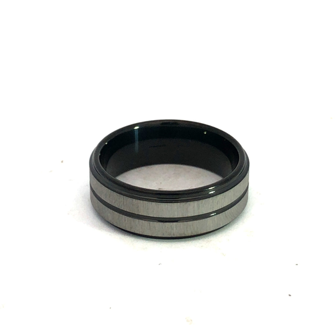 Tungsten Carbide Black Outer Edges With Matt Finish Silver And Black Centre Line Ring Size 10