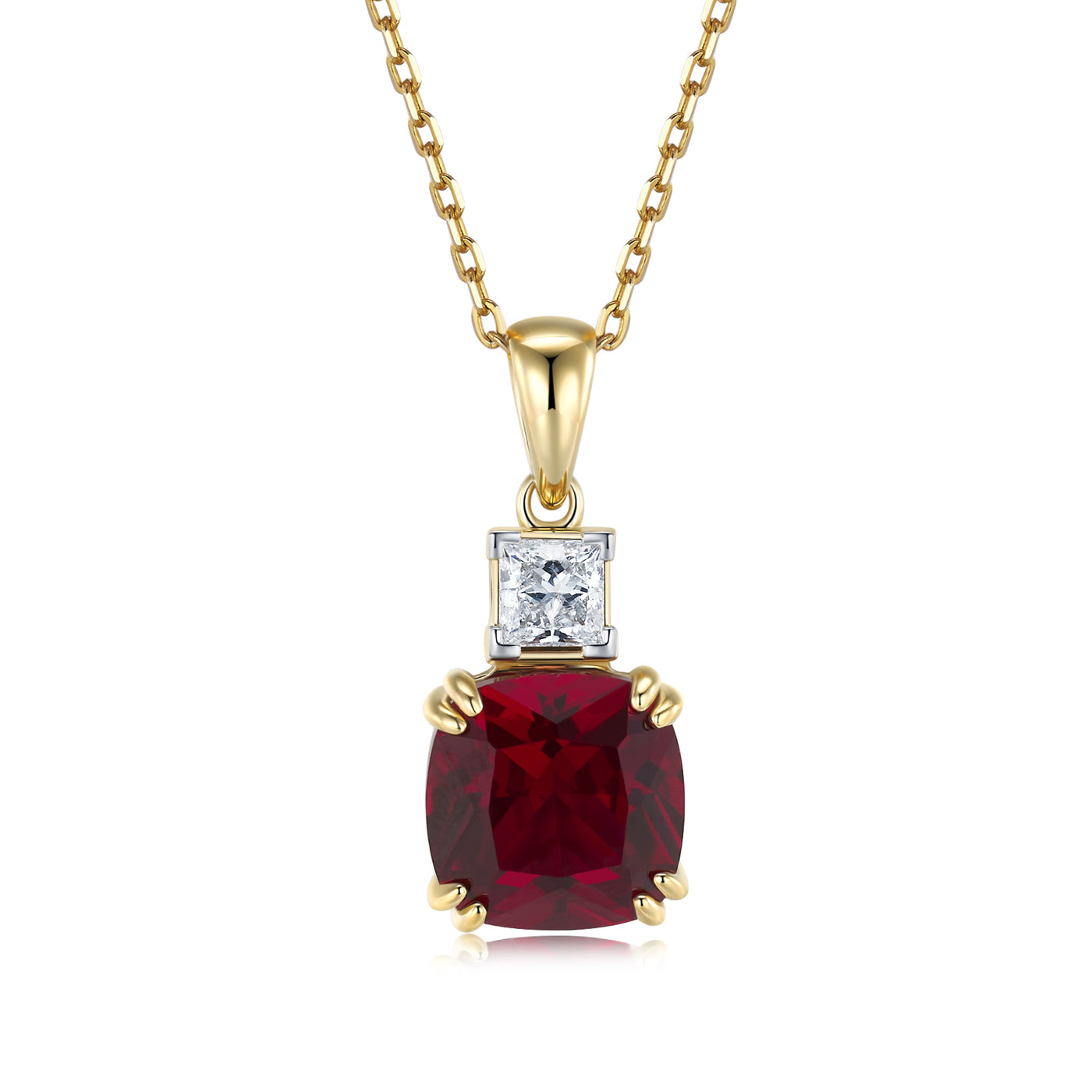 9Ct Yellow Gold Cushion Created Ruby And Square Lab Grown Diamond Pendant Tdw=0.28Ct DE VS1