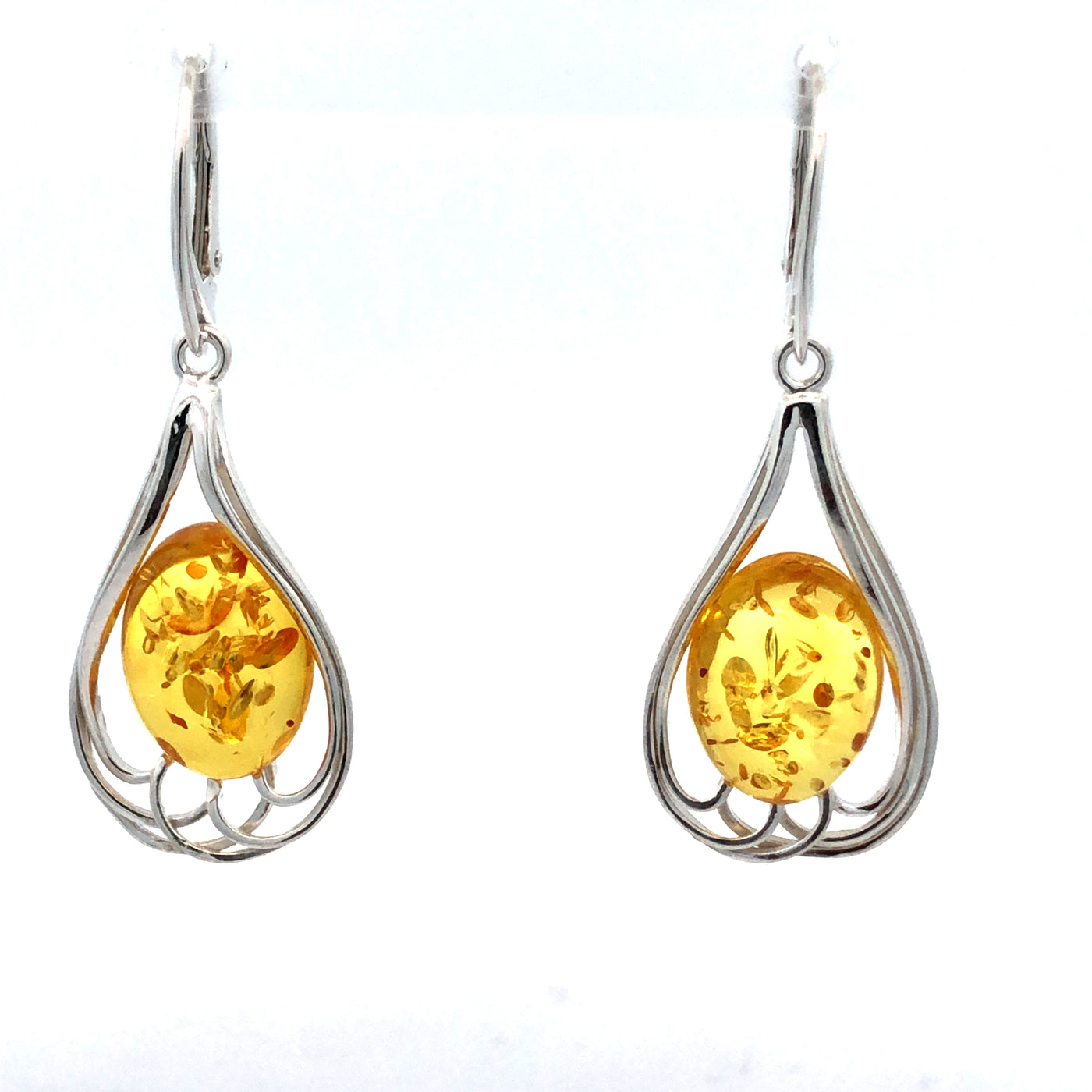 Sterling Silver Golden Amber Drop Earrings With Continental Shephooks