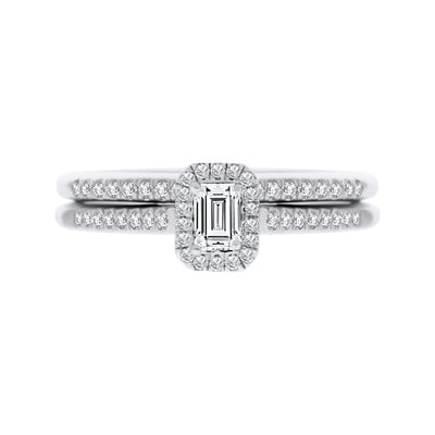 White Gold Emerald Shape Diamond Halo Bridal Set