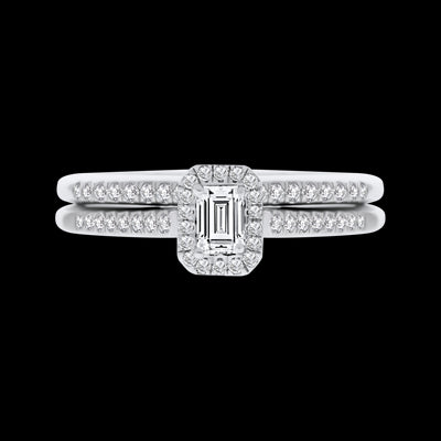 White Gold Emerald Shape Diamond Halo Bridal Set
