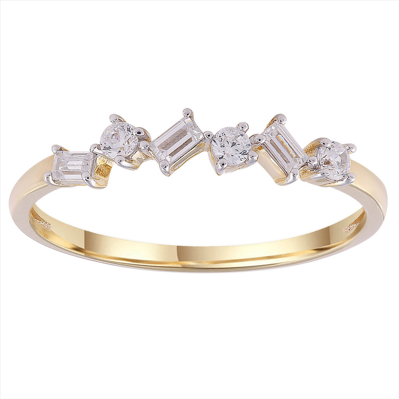 9K Yellow Gold Baguette & Round Brilliant Diamond Ring Tdw 0.18Ct Hi I1 Size N