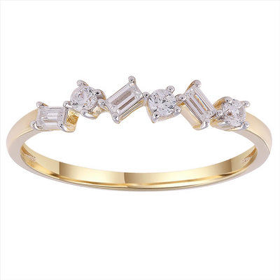 9K Yellow Gold Baguette & Round Brilliant Diamond Ring Tdw 0.18Ct Hi I1 Size N