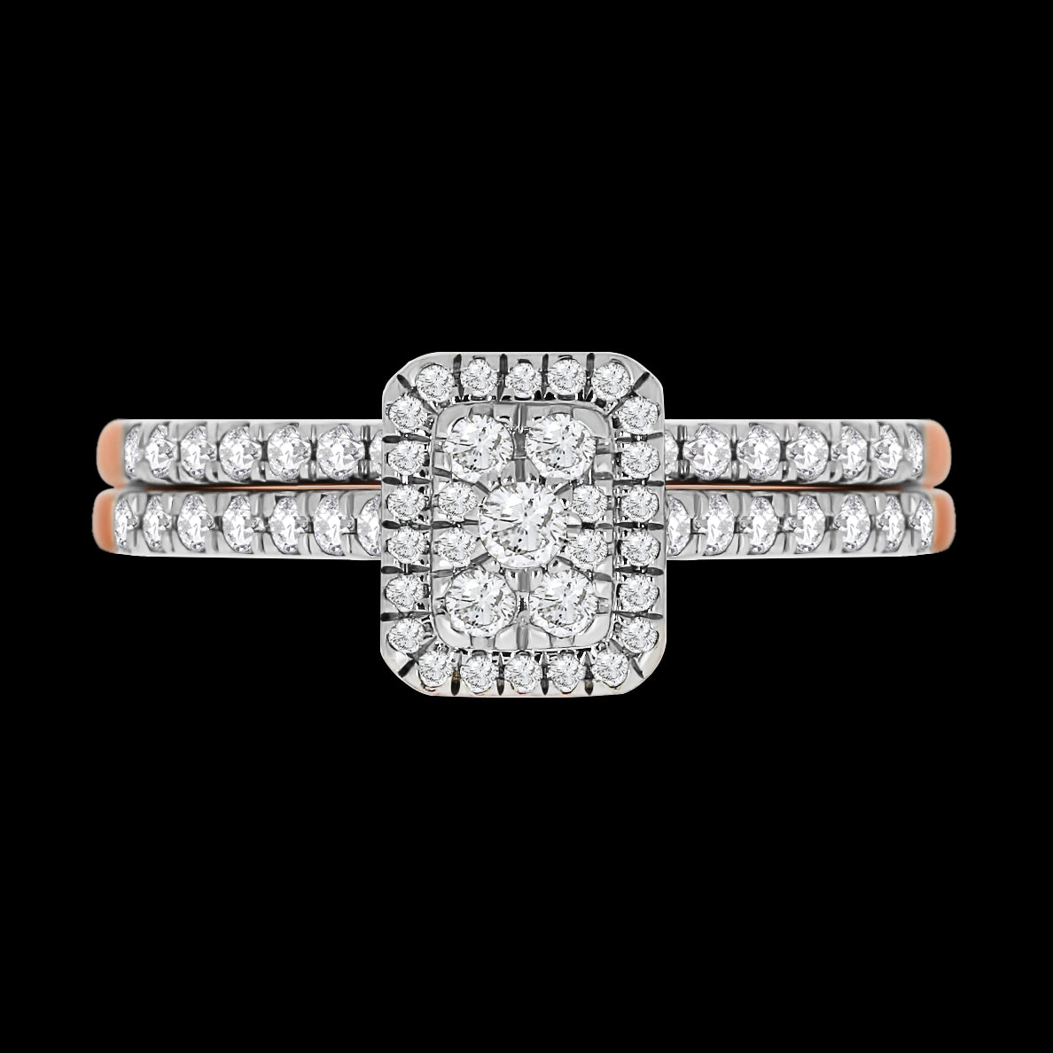 Rose Gold Pave Emerald Shape Halo Diamond Bridal Set