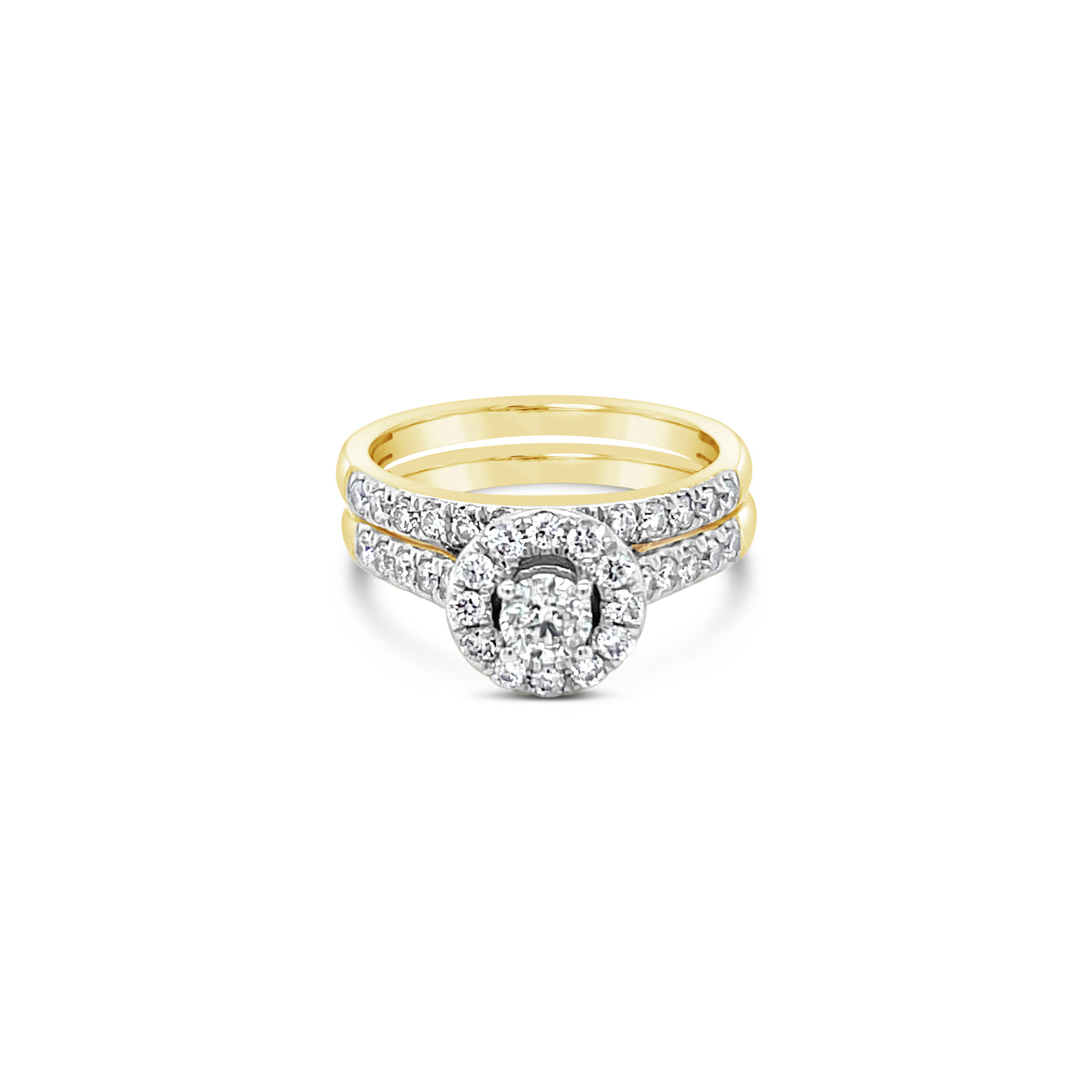 14Ct Yellow Gold Bridal Set. Engagement Ring With 1 X 0.26Ct Rbc Diamond, 12X0.012Ct Rbc Diamonds In Halo, 10X0.020Ct Rbc Diamonds In Shoulders, 28X0.004Ct Rbc Accent Diamonds (Tdw=0.736Ct). Wedder Set With 13X0.020Ct Rbc Diamonds (Tdw=0.26Ct) Gh Si3