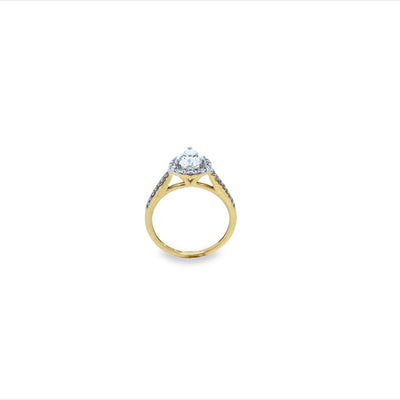 14Ct Yellow Gold Lab Grown Pear Shaped Halo Diamond Engagement Ring TDW 1.25Ct EVS Has GS Lab Cert.