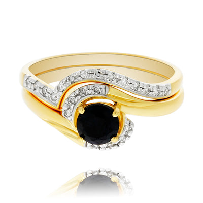 9Ct Yellow Gold Black Sapphire And Diamond Dress Ring Set
