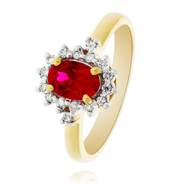 9Ct Yellow Gold Oval Created Ruby And Diamond Halo Dress Ring