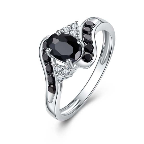 9Ct White Gold Oval Black Sapphire And Diamond Crossover Ring.
