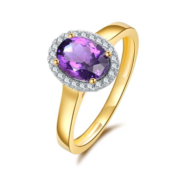 9Ct Yellow Gold Oval Amethyst And Diamond Halo Ring