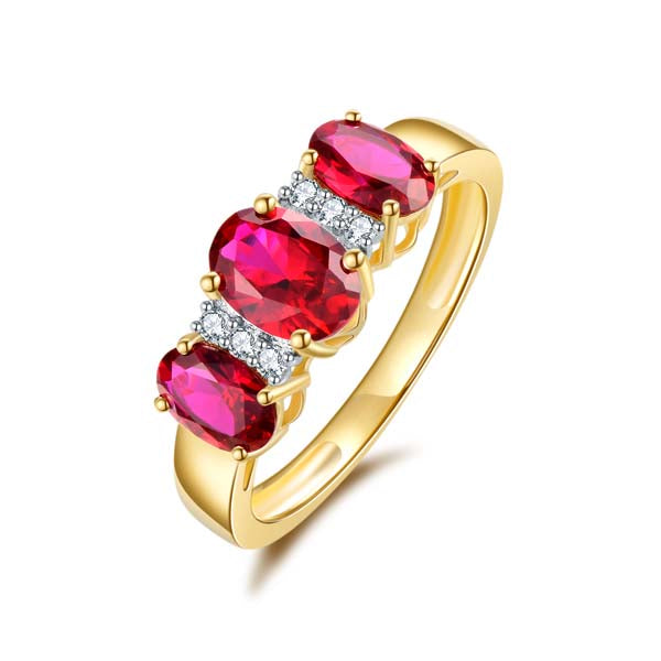 9Ct Yellow Gold 3 X Oval Shape Created Ruby And Diamond Ring