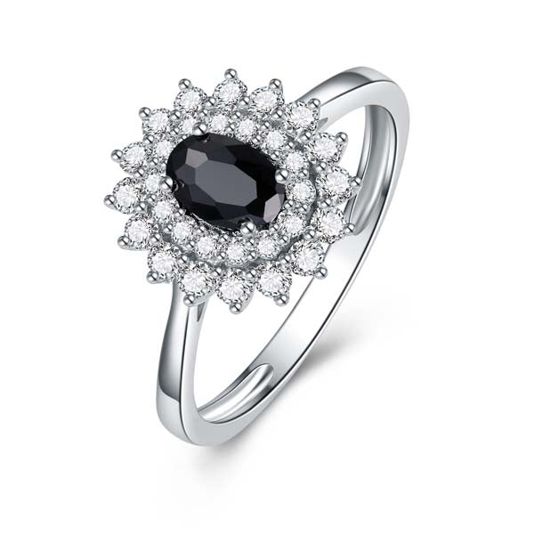9Ct White Gold Oval Black Sapphire Cluster Diamond Ring
