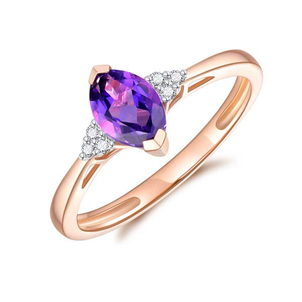 9Ct Rose Gold Marquise Shaped Amethyst And Diamond Ring