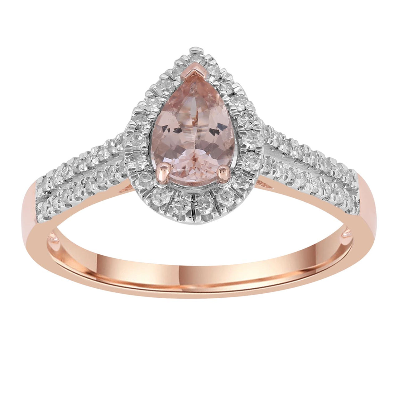 9Ct Rose Gold Pear Shape Morganite And Diamond Dress Ring Tdw 0.25Ct Hi I1 Size N