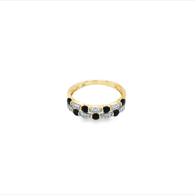 9Ct Yellow Gold Double Row Black Sapphire And Diamond Ring