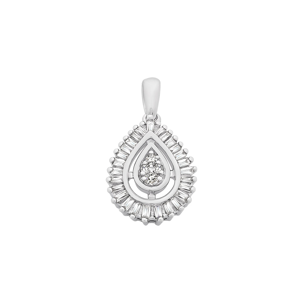 9Ct White Gold Baguette And Round Diamond Set Pear Shaped Halo Pendant