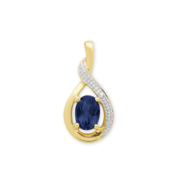 9Ct Yellow Gold Created Oval Blue Sapphire & Diamond Crossover Pendant