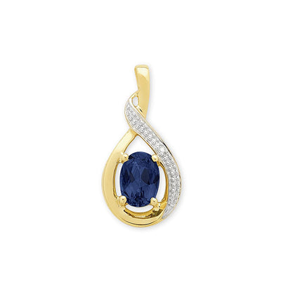 9Ct Yellow Gold Created Oval Blue Sapphire & Diamond Crossover Pendant