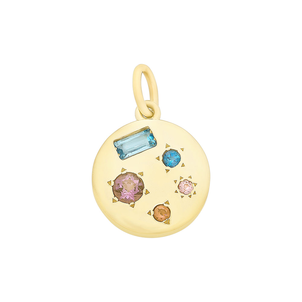 9Ct Yellow Gold Round Disc Pendant Bead Set With Created Pink Sapphire, Blue Topaz,  Amethyst, And Pink Tourmaline