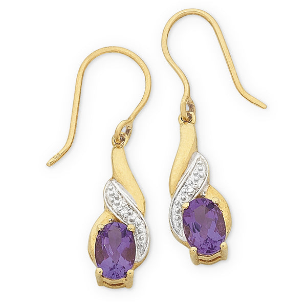 9 carat yellow gold drop earrings with one oval amethyst and one round diamond
