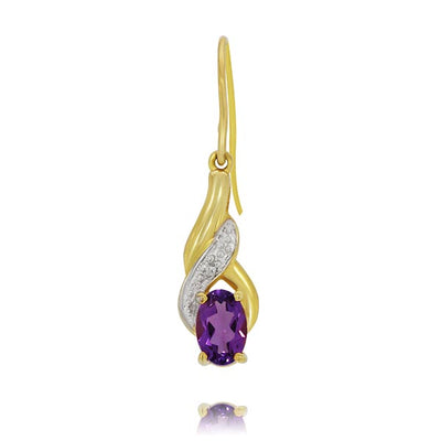 9 carat yellow gold drop earrings with one oval amethyst and one round diamond