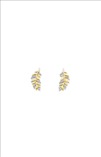 9 carat yellow gold leaf shape stud earrings with clear czs set in white gold plating