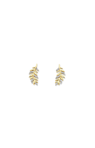 9 carat yellow gold leaf shape stud earrings with clear czs set in white gold plating
