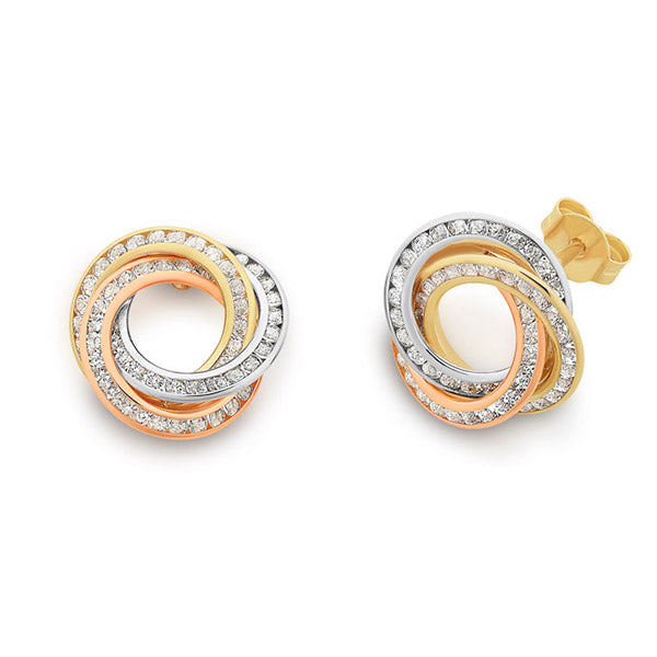 Yellow, Rose And White Gold Tri Circle Stud Earings