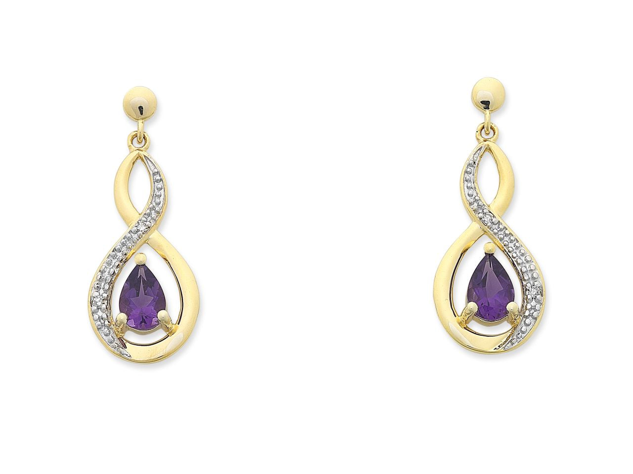 Yellow Gold Cross Over Diamond And Amethyst Drop Earrings