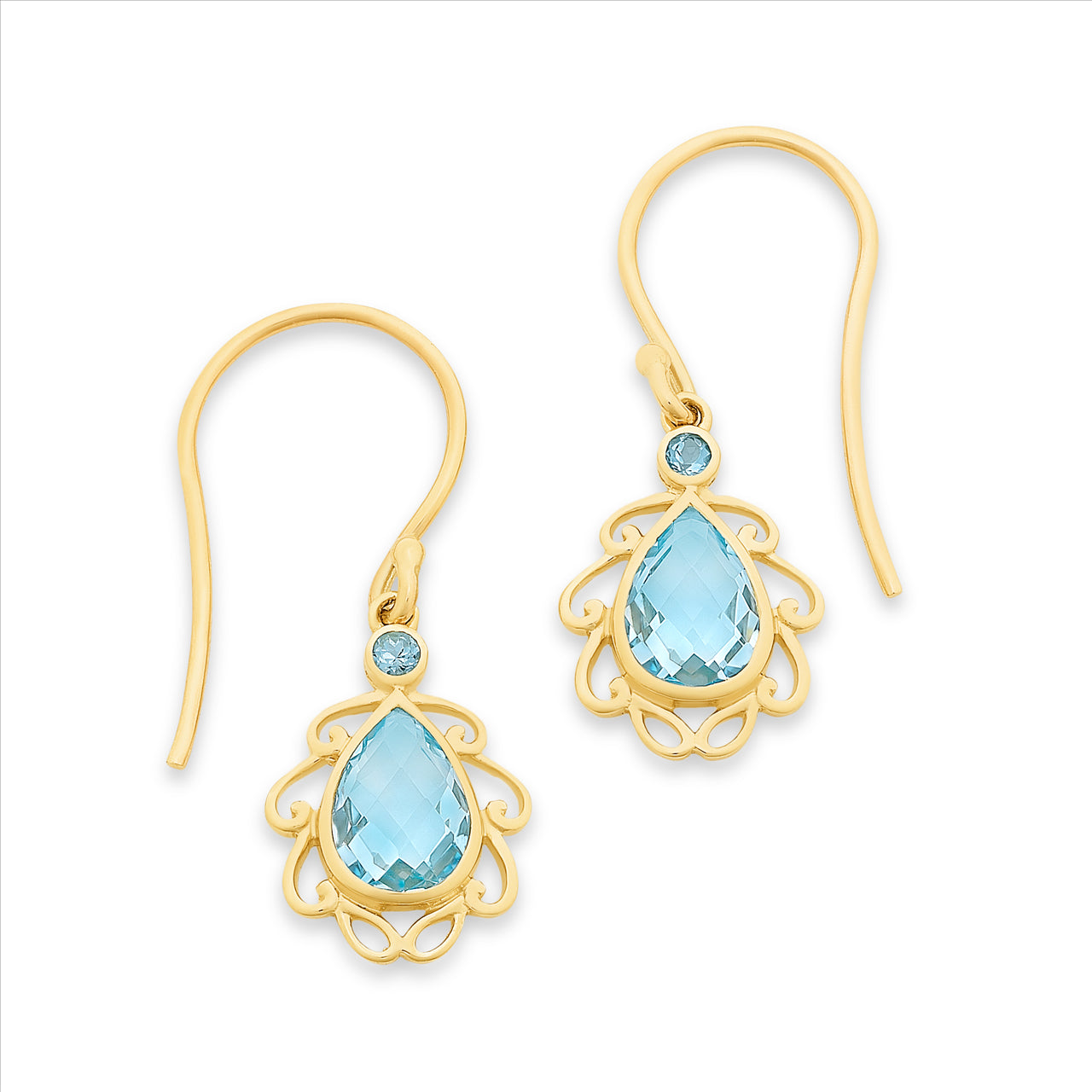 9Ct Yellow Gold Filigree Drop Earrings With Pear Shaped Light Blue Topaz And Clear Cz