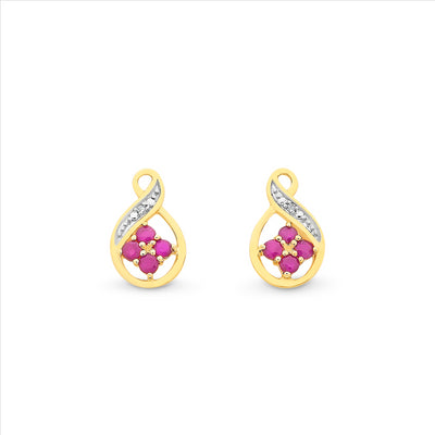 Yellow Gold Natural Ruby & Diamond Earring