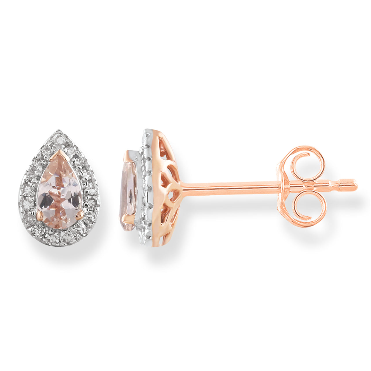 9Ct Rose Gold Pear Shape Morganite And Diamond Halo Stud Earrings