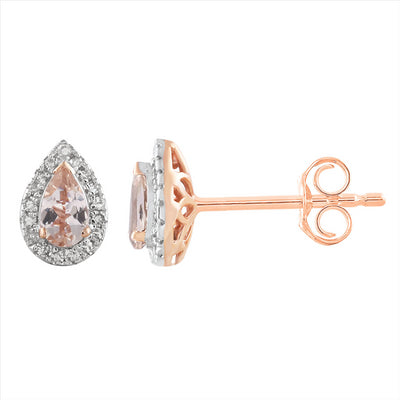 9Ct Rose Gold Pear Shape Morganite And Diamond Halo Stud Earrings
