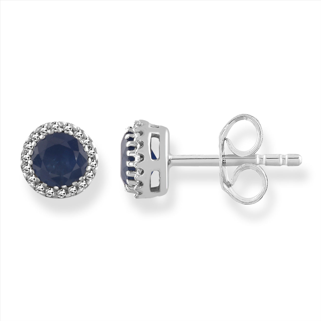 9Ct White Gold Round Sapphire And Diamond Halo Stud Earrings
