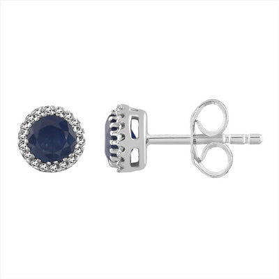 9Ct White Gold Round Sapphire And Diamond Halo Stud Earrings