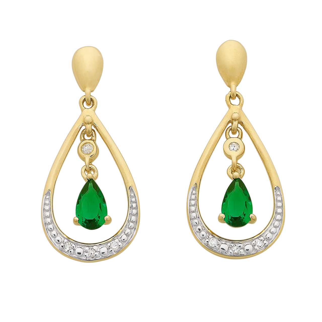 9Ct Yellow Gold Created Emerald & Diamond Earrings